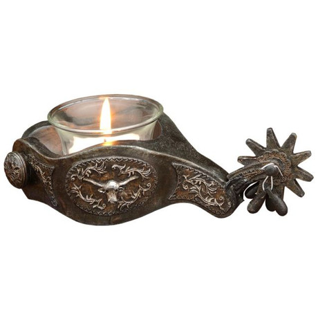 Rustic western metal spur candle holder with engraved longhorn detail and glass tealight insert.
