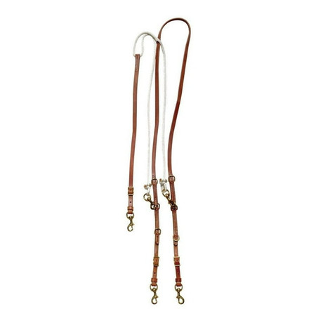 Berlin Custom Leather German martingale barrel style reins in medium oil leather with brass hardware.