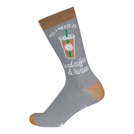 Dapplebay Knit Crew Socks in gray with iced coffee graphic and “All I Need Is Iced Coffee & Horses” equestrian design