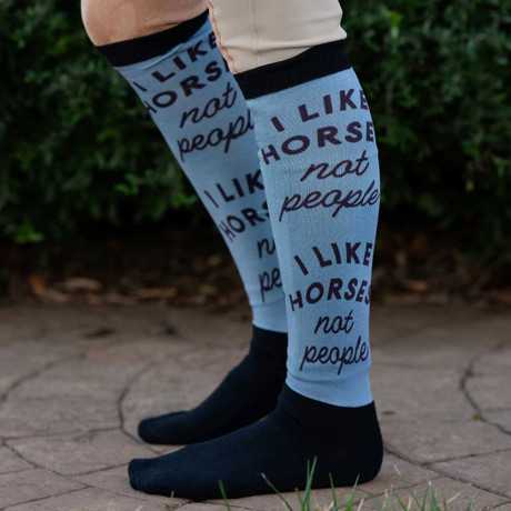 Dapplebay Slick Boot Socks I Like Horses pattern tall equestrian riding socks with black foot and blue upper