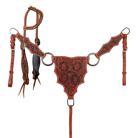 Showman Sunflower Ridge western leather one ear headstall and breastcollar set with detailed sunflower floral tooling