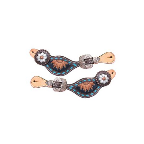 Showman ladies sunflower tooled leather spur straps with turquoise buckstitch trim and silver engraved buckles