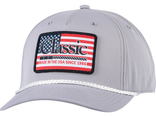 Classic Equine light grey cap with American flag patch and western snapback design