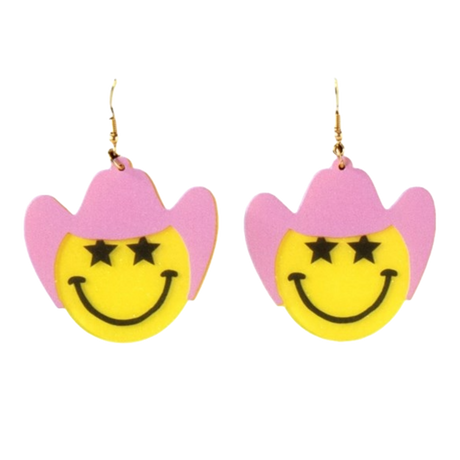 Silver Strike smiley emoji earrings with pink cowboy hats and star eyes western dangle earrings