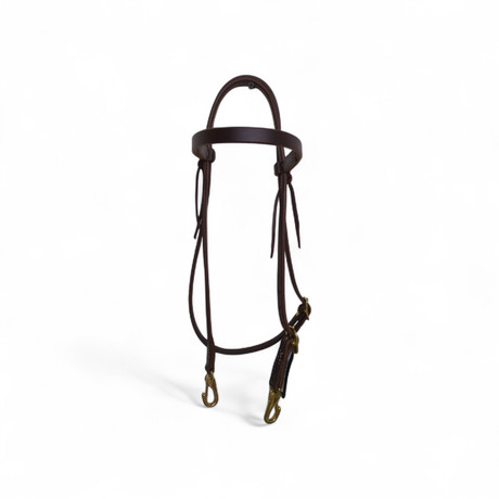 Dark brown oiled leather browband headstall with brass hardware and snap bit ends for horse tack
