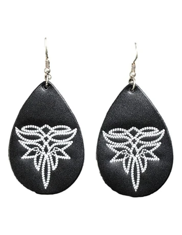 Silver Strike Ladies Black Teardrop Western Earrings with White Boot Stitch Design and Fishhook Ear Wires