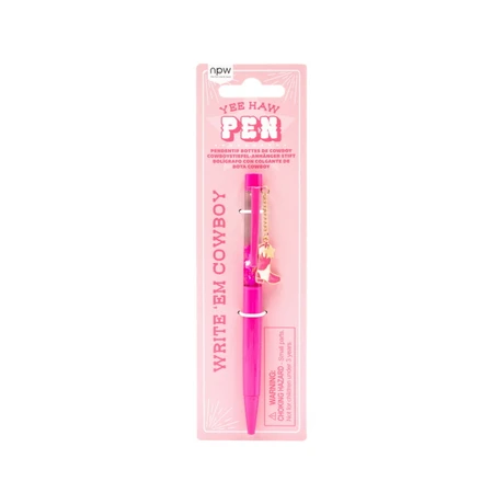Showman Yee Haw Cowgirl novelty pen in bright pink with a dangling western cowboy boot charm displayed on retail packaging.