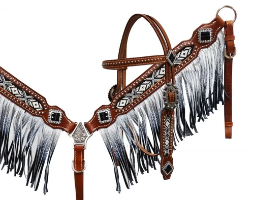 Showman Black & Silver Ombre Fringe Headstall & Breast Collar Western Horse Tack Set 13528