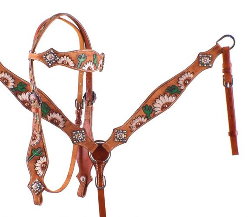 Showman White Sunflower and Cactus Browband Headstall and Breast Collar Western Tack Set 7055 Showman White Sunflower and Cactus Browband Headstall and Breast Collar Western Tack Set 7055