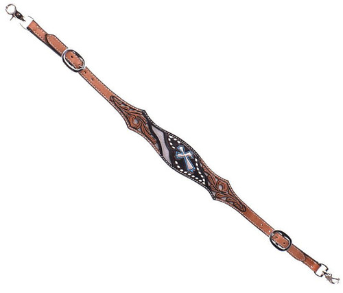 Large floral tooled leather tie on cross with silver beads