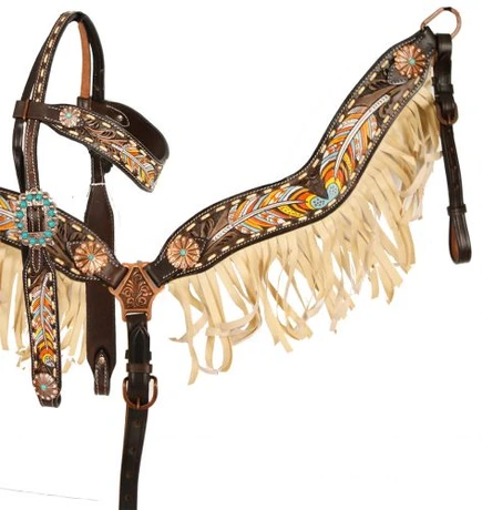 Showman Headstall Breast Collar Set With Painted Feather Design and Fringe