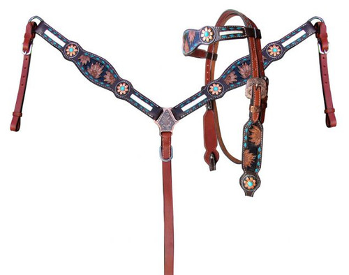 #14412: Showman Cowhide Inlay Browband Headstall and Breast Collar Set with Beads and Bling Conch