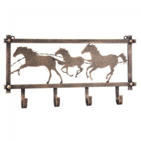 Western horses and barbed wire wall rack with hammered bronze finish metal hooks