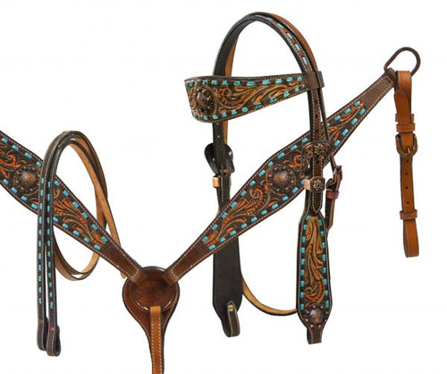Showman Copper Painted Floral Tack Set with Teal Buckstitching Browband Headstall & Breast Collar 7721