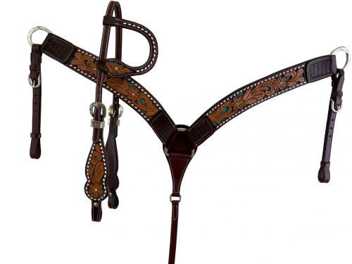 Showman One Ear Headstall & Breast Collar Set Floral Tooled Leather Teal Accent 202587
