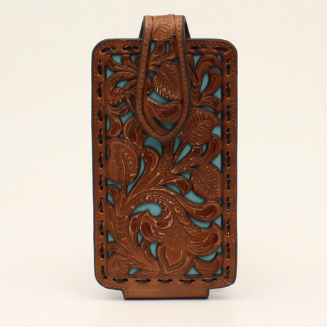 Nocona Cell Phone Case Large Brown Tooling with Turquoise Underlay Nocona Cell Phone Case Large Brown Tooling with Turquoise Underlay