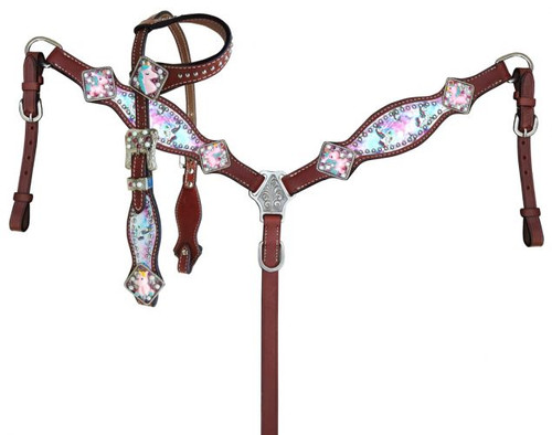 Showman Pony Unicorn Print Headstall & Breast Collar Western Horse Tack Set 14234