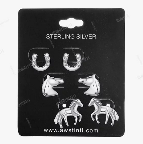 Sterling silver horse stud earrings set with multiple equestrian designs on display card