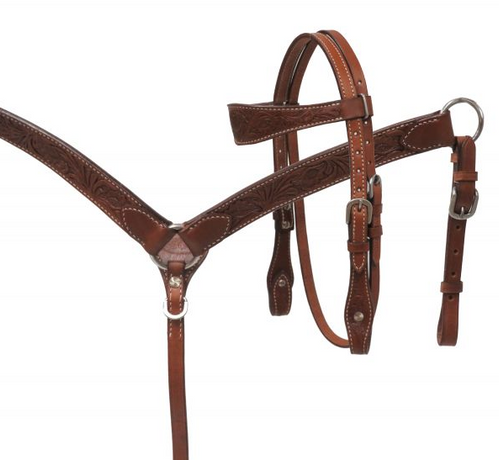 Showman One Ear Headstall, Breast Collar, Reins Set with Brindle Hair on Cowhide Inlay and Iridescen