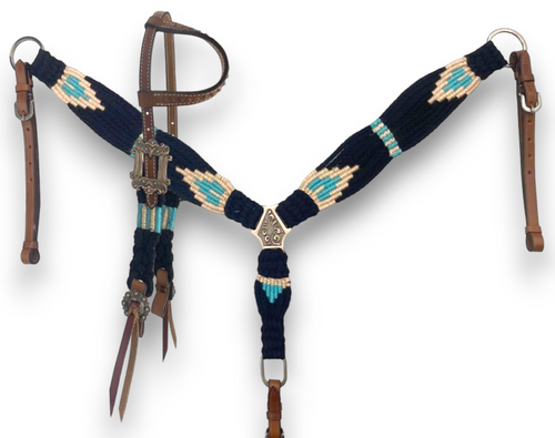 Showman Black Teal Peach Corded Single Ear Headstall & Breast Collar Set Western Tack 14692