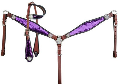 Set D'Attaches Cheval Western – Têtière Et Collier En Cuir Strass Violet, Taille Adulte