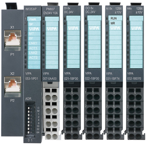 VIPA SLIO Kit 099-1IP90 includes 053-1IP01 EthernetIP Interface module with embedded 007-0AA00 power module, 021-1BF00, 022-1BF00, 031-1BF74, 032-1BD40
