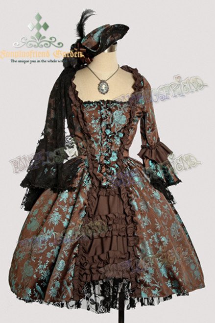 Victorian Rococo Lolita Brocade Square Neckline Ball Dress*Brocade Knee Length