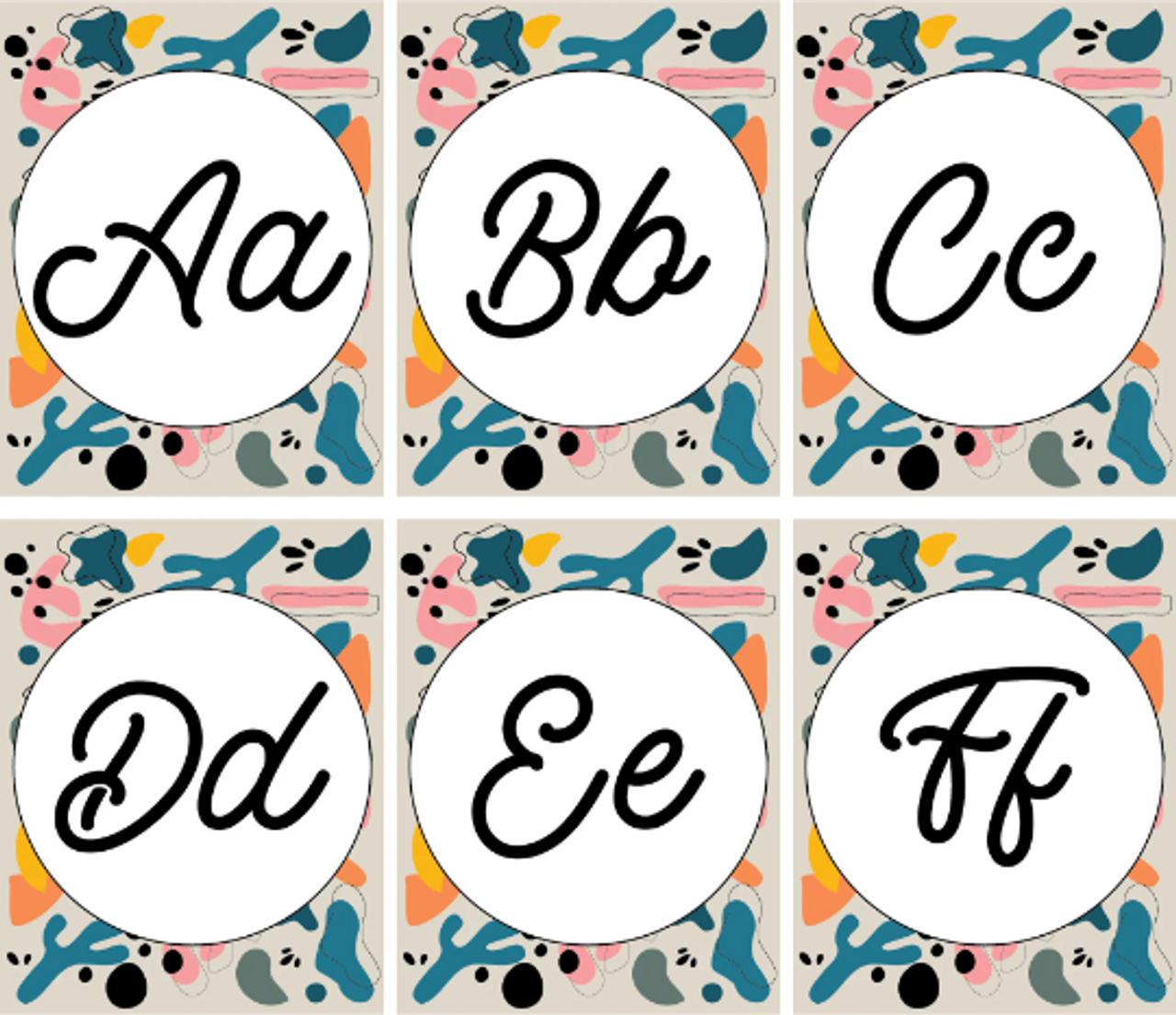 Retro Brights Cursive Alphabet Posters - Printable PDF cursive-letter-alphabet-handwriting-bulletin-board-cards