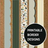 Five printable Modern Terrazzo bulletin board borders in stripes, scallops, and terrazzo print on cork
