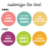 Round colorful gift stickers in print and script fonts