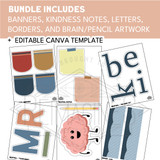 Neutral kindness bulletin board pieces: banners, notes, letters, borders, and brain and pencil artwork