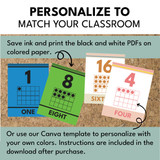 Number posters printed on colored paper next to a Canva-edited version