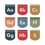 Varsity Stripes alphabet banner pennants Aa to Ii in navy, red, and gold