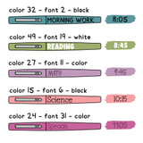 Flair pen schedule clings showing color numbers, fonts, and text color choices