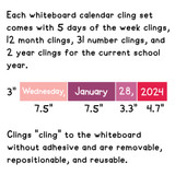 Pink and Purple mini calendar set contents and sizes: 7.5 inch day and month, 3.3 inch number, 4.7 inch year clings