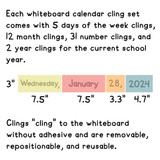 Pastel mini calendar set contents and sizes: 7.5 inch day and month, 3.3 inch number, 4.7 inch year clings