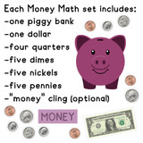 What's in the Rainbow money set: piggy bank, one dollar, four quarters, five dimes, five nickels, five pennies