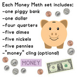 What's in the Pastel money set: piggy bank, one dollar, four quarters, five dimes, five nickels, five pennies