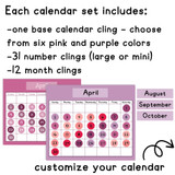 Pink and Purple whiteboard calendar set with calendar cling, 31 number clings, and 12 month clings