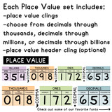 What's in the Pastel place value set: place value clings, comma and decimal clings, and a header