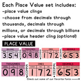 What's in the Pink and Purple place value set: place value clings, comma and decimal clings, and a header