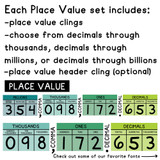 What's in the Blue and Green place value set: place value clings, comma and decimal clings, and a header