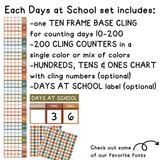 What's in the Earth Tones Days at School set: ten frame base, 200 counters, place value chart, and header