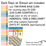 What's in the Retro Brights Days at School set: ten frame base, 200 counters, place value chart, and header