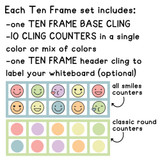 What's in the Pastel ten frame set: ten frame, 10 counters in all smiles or classic round, and a header