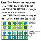 What's in the Blue and Green ten frame set: ten frame, 10 counters in all smiles or classic round, and a header