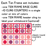 What's in the Pink and Purple ten frame set: ten frame, 10 counters in all smiles or classic round, and a header