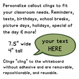 Happy Camper callout cling size guide: 7.5 inches wide and 4 inches tall with your custom text