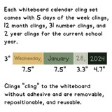 Modern Terrazzo mini calendar set contents and sizes: 7.5 inch day and month, 3.3 inch number, 4.7 inch year clings