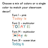 Tropical Botanical "Today is" cling text color examples in single colors and a multicolor mix